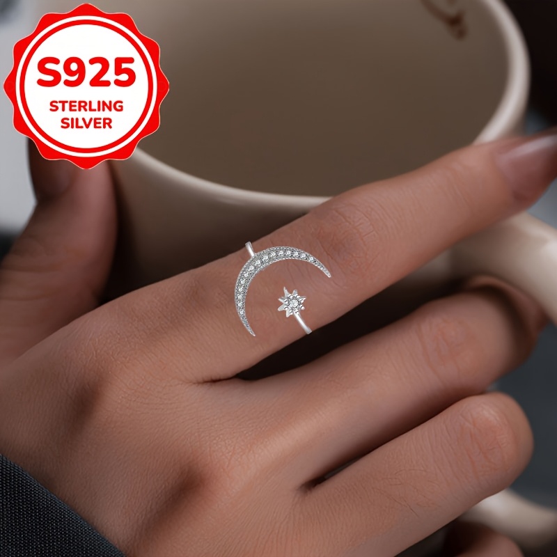 Women's Adjustable S925 Sterling Silver Star & Moon Ring